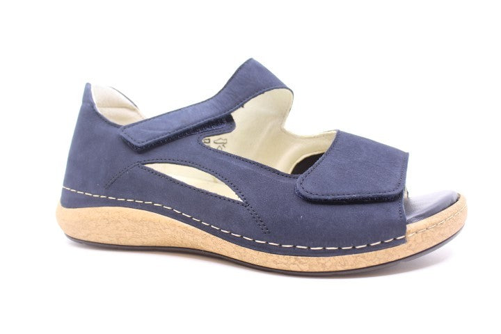 Waldlaufer 681K01 Heliett Ladies Wide Fit Navy Nubuck Double Touch Fasten Sandal With Stretch Panel