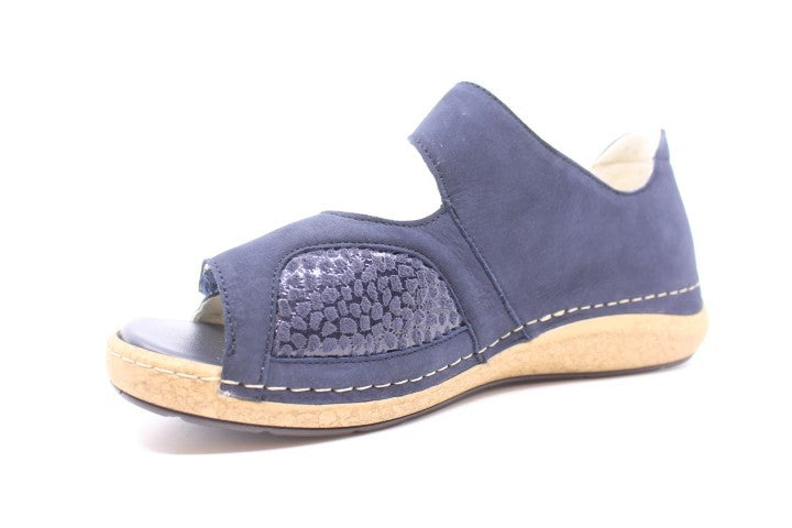Waldlaufer 681K01 Heliett Ladies Wide Fit Navy Nubuck Double Touch Fasten Sandal With Stretch Panel