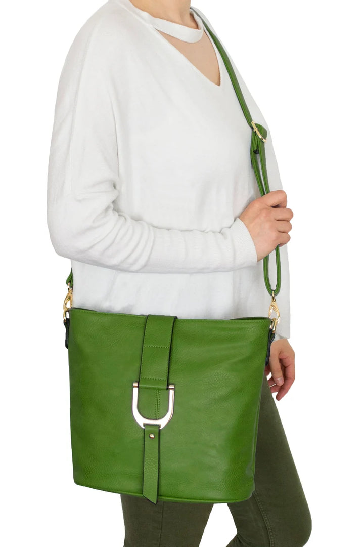 Long & Son Ladies Bucket Shaped Faux Leather Handbag/ Crossbody Bag Green