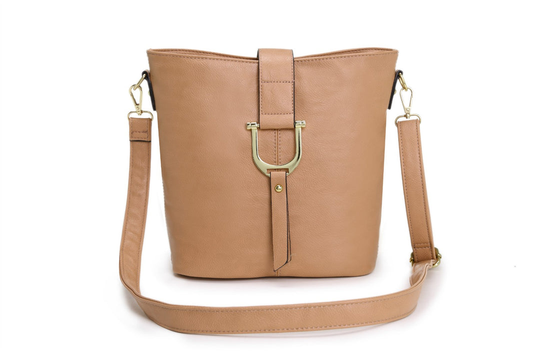 Long & Son Ladies Bucket Shaped Faux Leather Handbag/ Crossbody Bag Beige