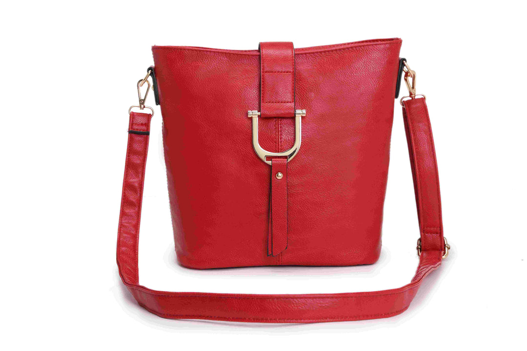 Long & Son Ladies Bucket Shaped Faux Leather Handbag/ Crossbody Bag Red