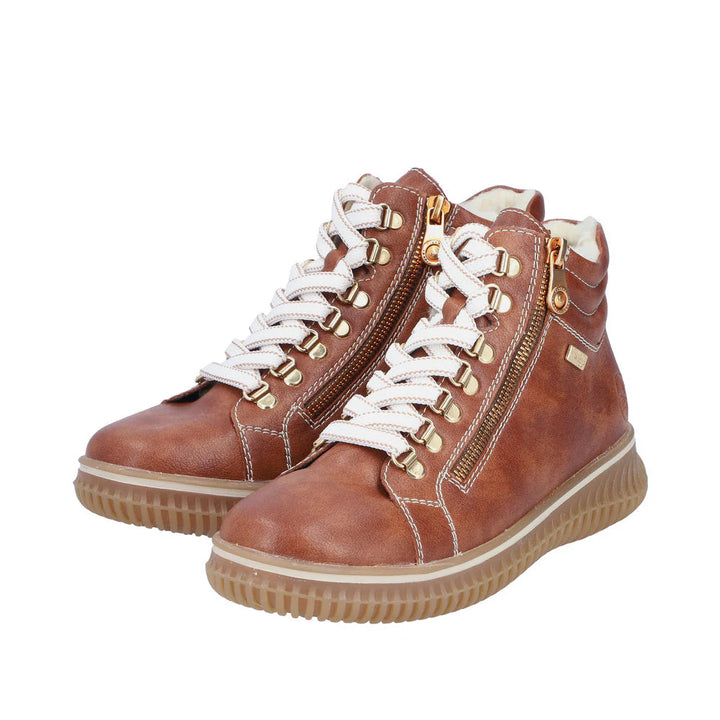 Rieker 74233-24 Ladies Brown Water Resistant Faux fur Zip & Lace Ankle Boots