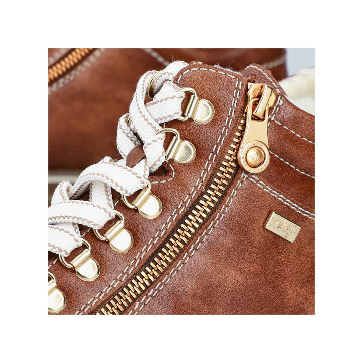 Rieker 74233-24 Ladies Brown Water Resistant Faux fur Zip & Lace Ankle Boots