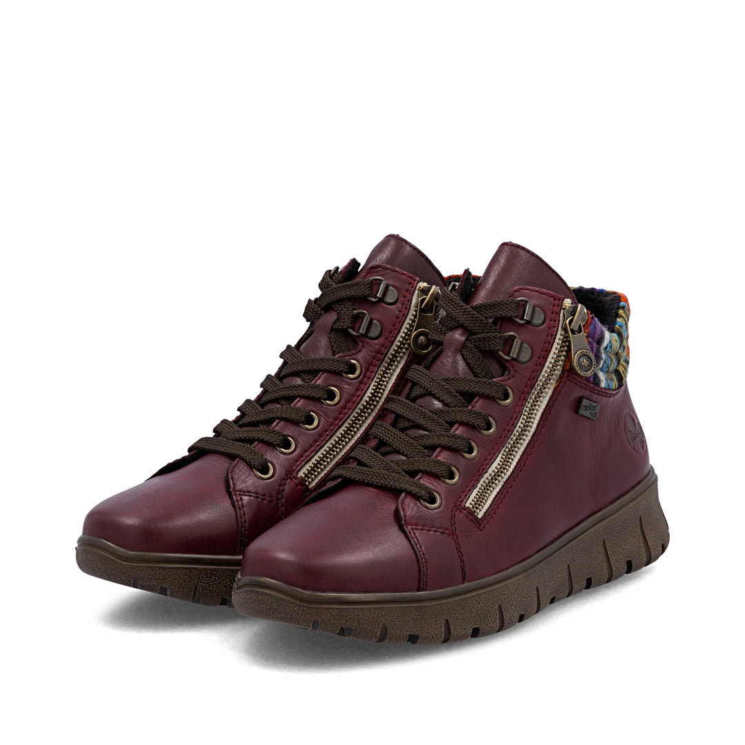 Rieker Tex Antistress N1305 Ladies Water Resistant Red Leather Extra Wide fit Lace Up Zip Fastening Boots