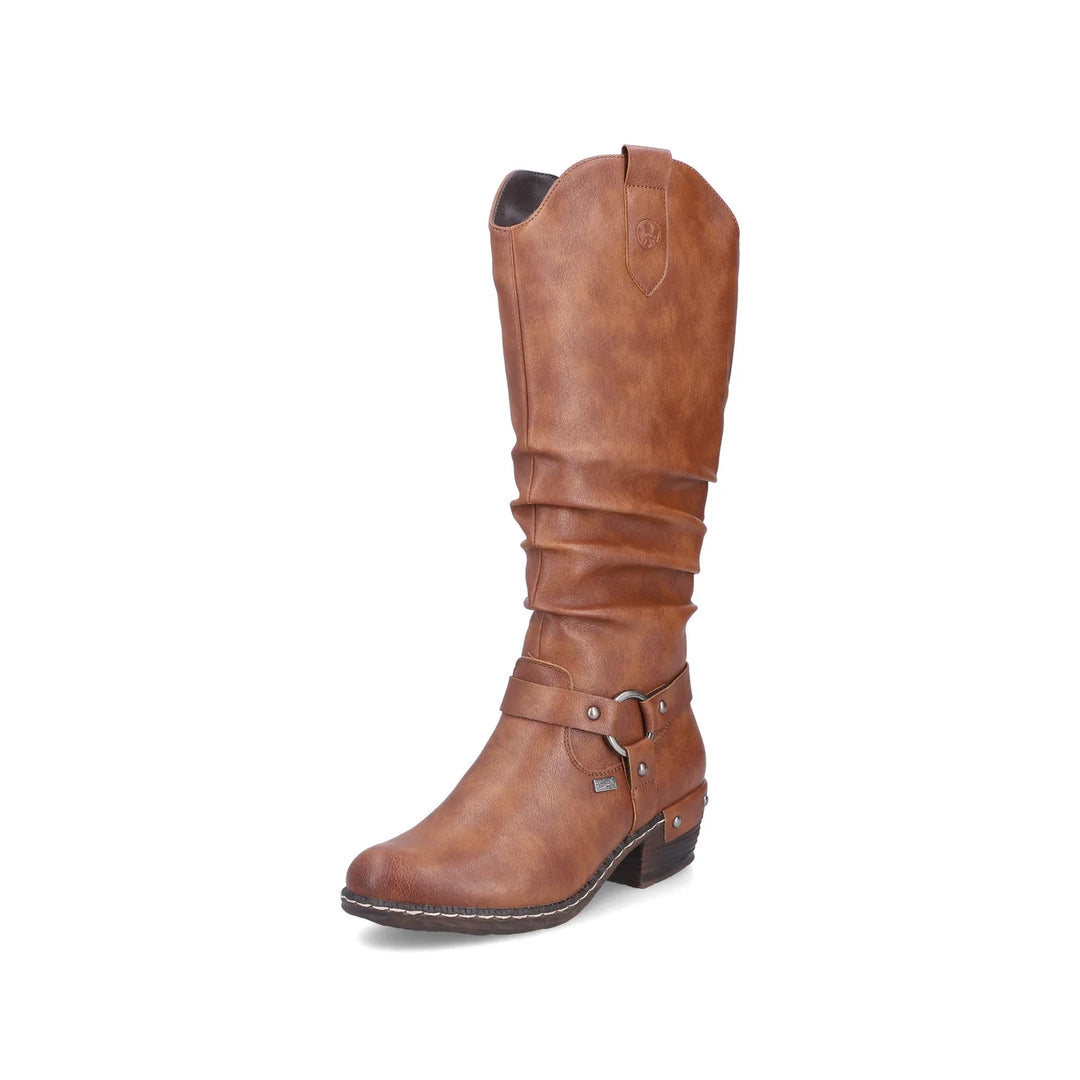 Rieker Tex 93670 Ladies Water Resistant Tan Brown Ruched Western Style Zip Fasten Lambs Wool Lined Boots
