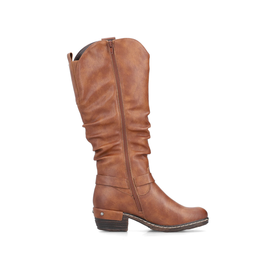 Rieker Tex 93670 Ladies Water Resistant Tan Brown Ruched Western Style Zip Fasten Lambs Wool Lined Boots
