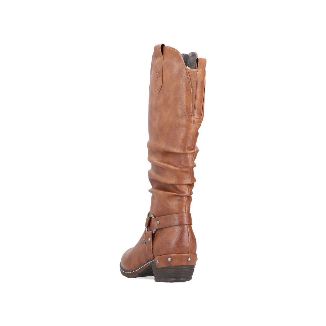 Rieker Tex 93670 Ladies Water Resistant Tan Brown Ruched Western Style Zip Fasten Lambs Wool Lined Boots