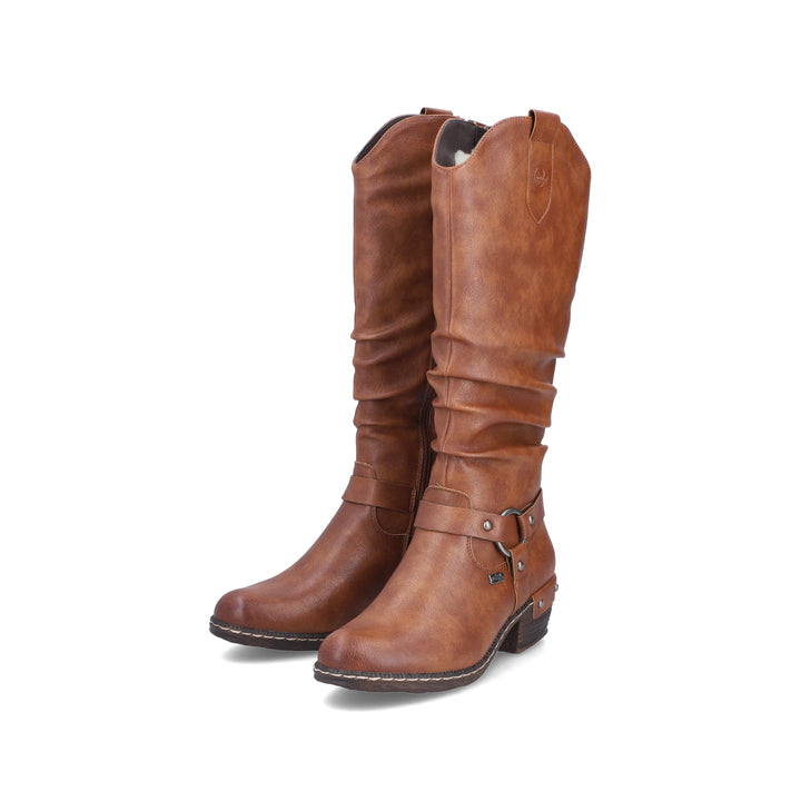 Rieker Tex 93670 Ladies Water Resistant Tan Brown Ruched Western Style Zip Fasten Lambs Wool Lined Boots