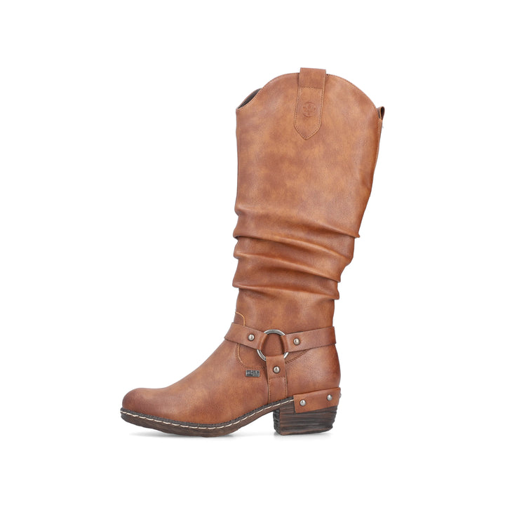 Rieker Tex 93670 Ladies Water Resistant Tan Brown Ruched Western Style Zip Fasten Lambs Wool Lined Boots