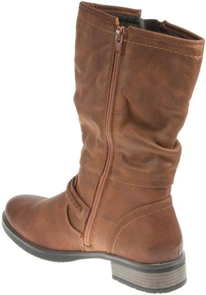 Rieker 98860 Ladies Faux Leather Warm Lined Biker Style Boots With Inside Zip Fasten Brown