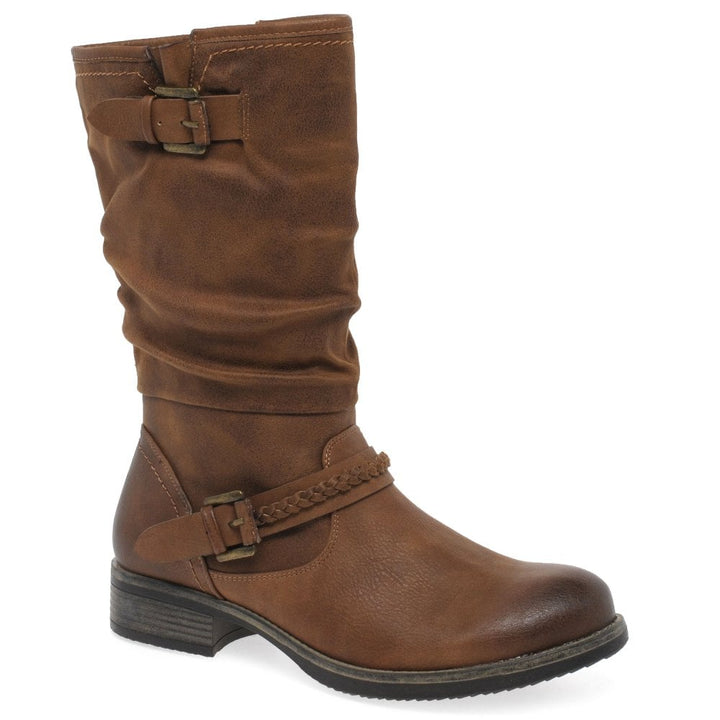 Rieker 98860 Ladies Faux Leather Warm Lined Biker Style Boots With Inside Zip Fasten Brown