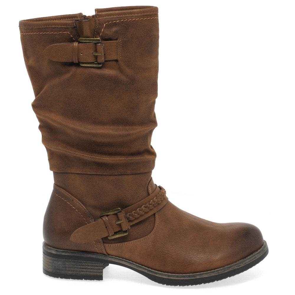 Rieker 98860 Ladies Faux Leather Warm Lined Biker Style Boots With Inside Zip Fasten Brown