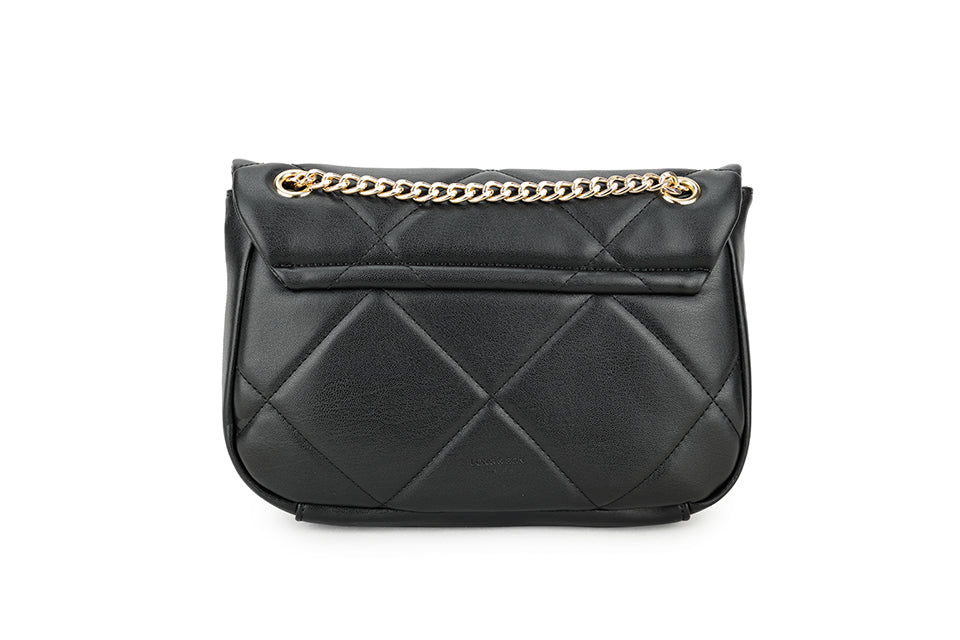 Long & Son Ladies Designer Inspired Quilted Handbag With Adjustable Chain Strap Black