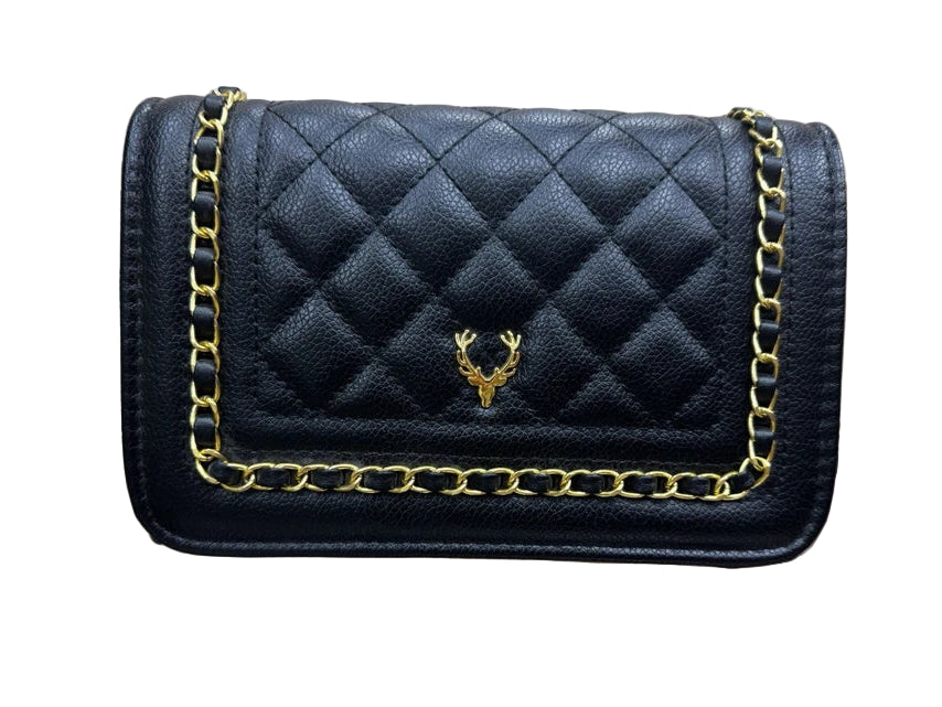 Ladies Designer Inspired Antler Motif Quilted Cross body Handbag With Adjustable Chain Card Pockets Black