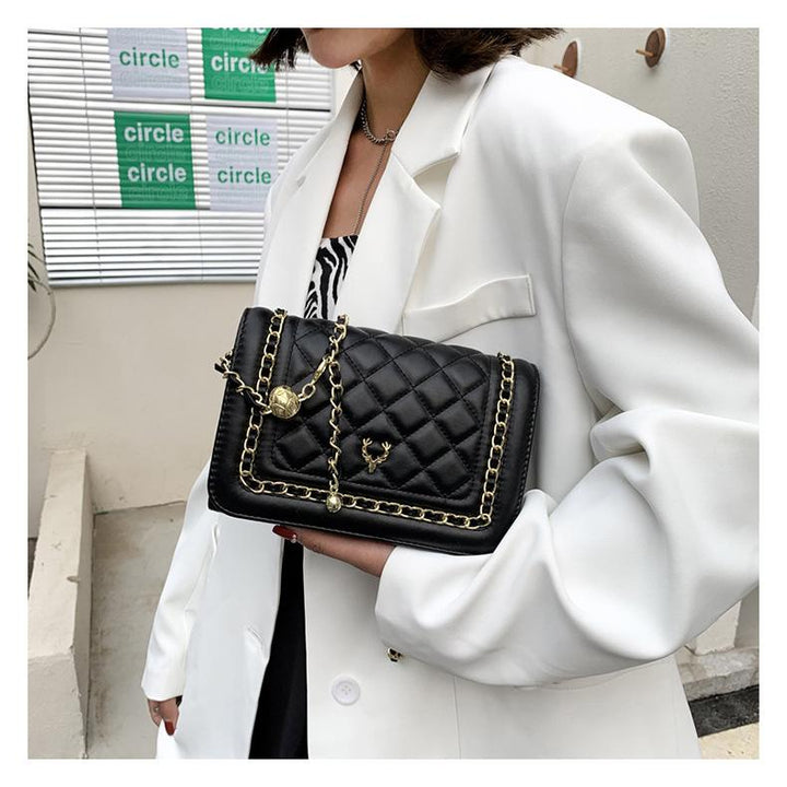 Ladies Designer Inspired Antler Motif Quilted Cross body Handbag With Adjustable Chain Card Pockets Black