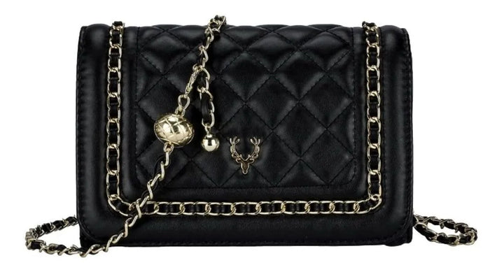 Ladies Designer Inspired Antler Motif Quilted Cross body Handbag With Adjustable Chain Card Pockets Black