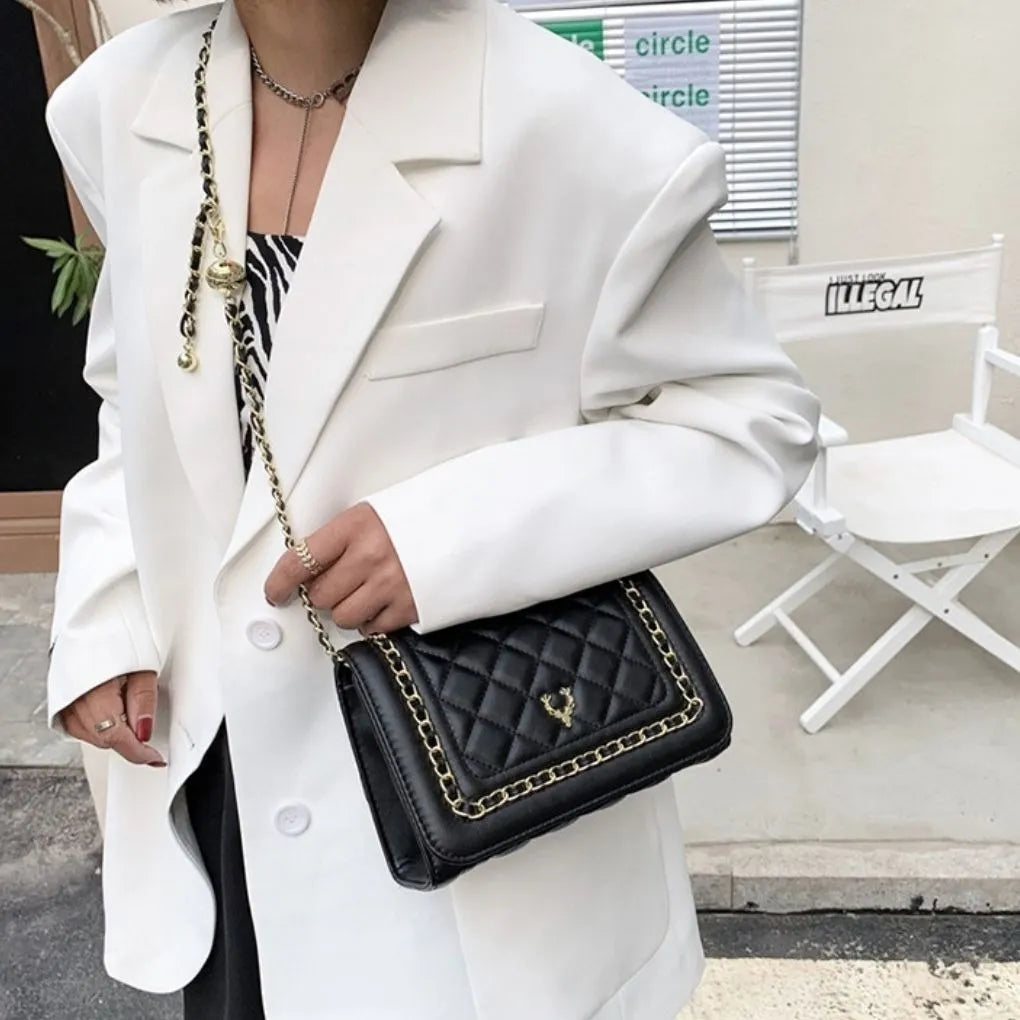 Ladies Designer Inspired Antler Motif Quilted Cross body Handbag With Adjustable Chain Card Pockets Black