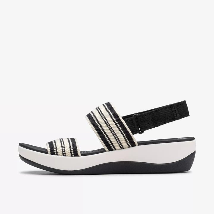 Clarks Arla Stroll Ladies Washable Light Weight Wedge Elasticated Cushion Soft Sandals With Touch Fasten Slingback Black/White