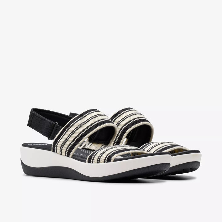 Clarks Arla Stroll Ladies Washable Light Weight Wedge Elasticated Cushion Soft Sandals With Touch Fasten Slingback Black/White