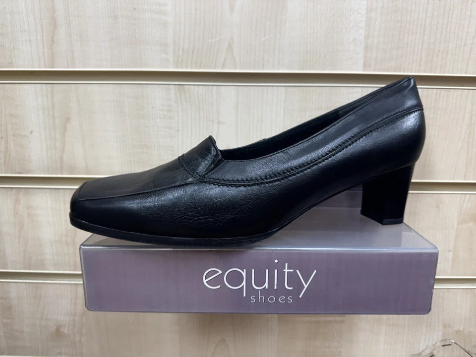 Equity Beech Vintage Ladies Wide E Fit Black Leather High Square Front Mid Heel Court Shoes