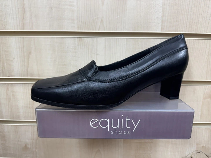 Equity Beech Vintage Ladies Wide E Fit Black Leather High Square Front Mid Heel Court Shoes