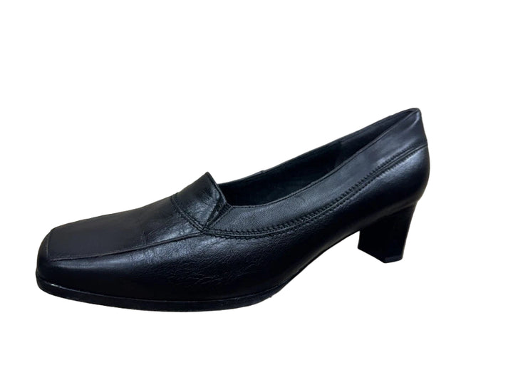 Equity Beech Vintage Ladies Wide E Fit Black Leather High Square Front Mid Heel Court Shoes