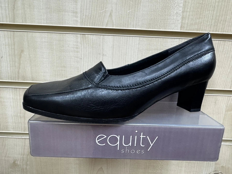 Equity Beech Vintage Ladies Wide E Fit Black Leather High Square Front Mid Heel Court Shoes