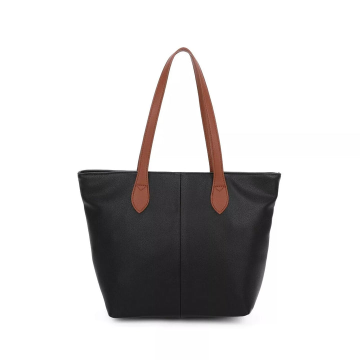 LONG & SON LADIES FAUX LEATHER MEDIUM TOTE SHOULDER/SHOPPING BAG WITH TAN STRAP AND ZIP FASTENING BLACK
