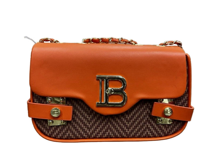 Designer Inspired Ladies B Emblem Cross body Handbag With Adjustable Chain Strap Orange
