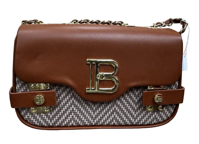 Designer Inspired Ladies B Emblem Cross body Handbag With Adjustable Chain Strap Tan