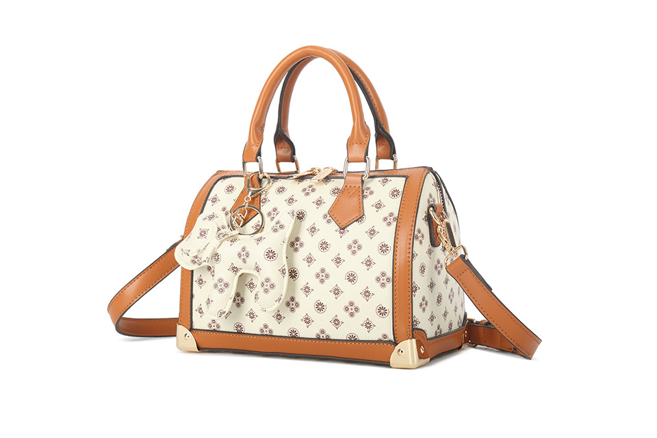 Long & Son Ladies DesIgner Inspired Small Grab Handle Handbag Off White Multi Floral Detail Dog Charm