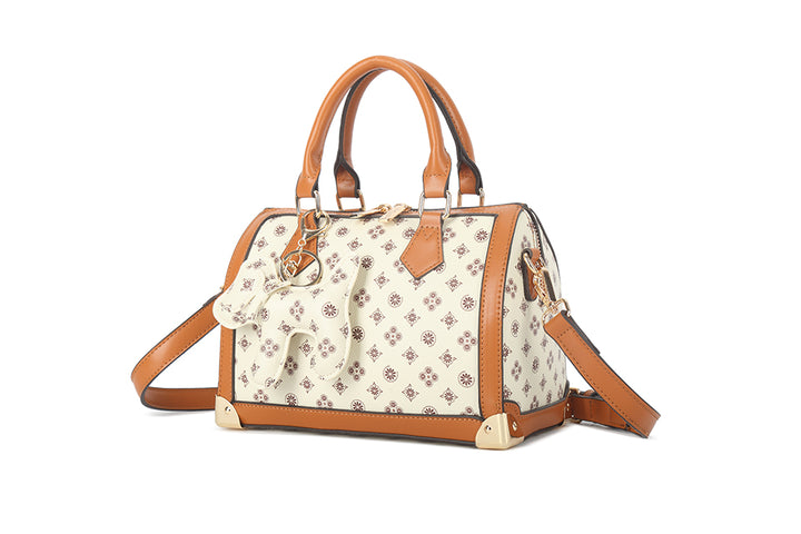 Long & Son Ladies DesIgner Inspired Small Grab Handle Handbag Off White Multi Floral Detail Dog Charm