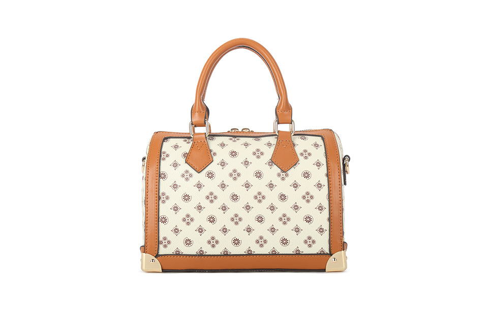 Long & Son Ladies DesIgner Inspired Small Grab Handle Handbag Off White Multi Floral Detail Dog Charm