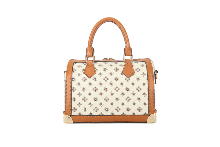 Long & Son Ladies DesIgner Inspired Small Grab Handle Handbag Off White Multi Floral Detail Dog Charm