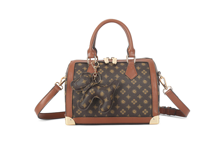 Long & Son Ladies DesIgner Inspired Small Grab Handle Handbag Brown Multi Floral Detail Dog Charm