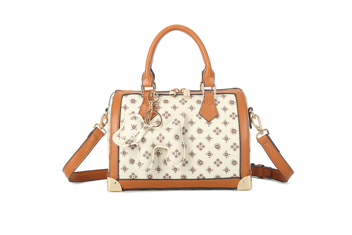 Long & Son Ladies DesIgner Inspired Small Grab Handle Handbag Off White Multi Floral Detail Dog Charm