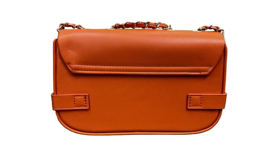 Designer Inspired Ladies B Emblem Cross body Handbag With Adjustable Chain Strap Orange