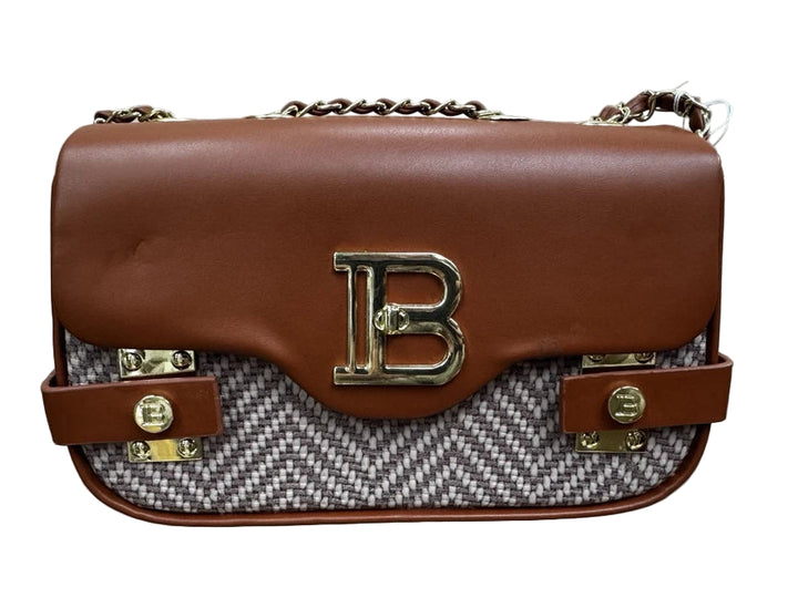 Designer Inspired Ladies B Emblem Cross body Handbag With Adjustable Chain Strap Tan