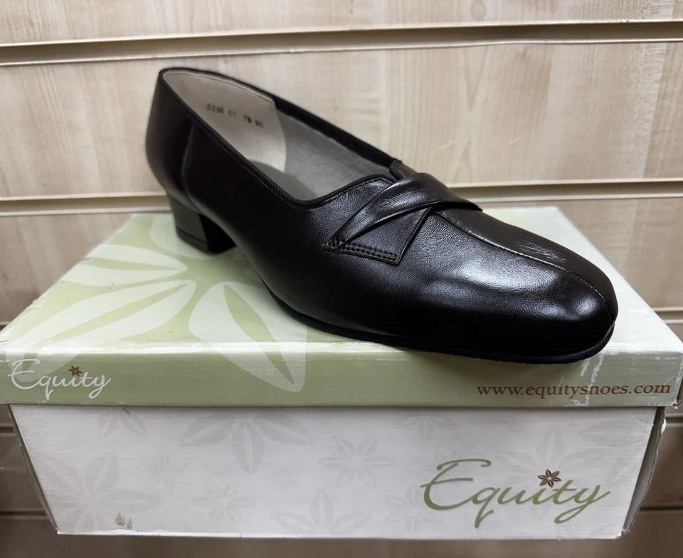 Equity Carmel Ladies Wide E Fitting Dark Brown Leather Low Heel Court Shoes Vintage Style