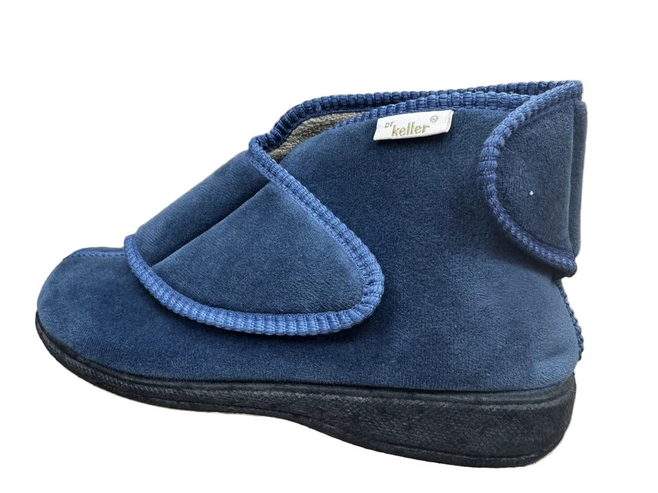 Dr Keller Aileen Ladies Double Touch Fasten Warm Fleece Lined Blue Velour Bootee Slippers