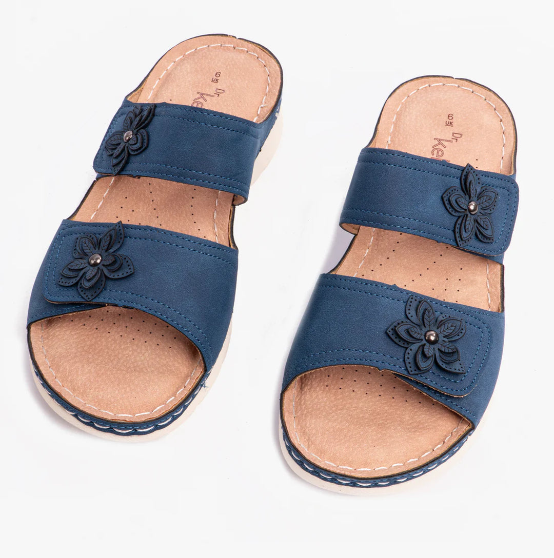 Dr. Keller Molly Women's Double Touch Fasten Light Weight Mule Sandals with Flower Detailing Navy