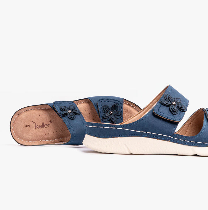 Dr. Keller Molly Women's Double Touch Fasten Light Weight Mule Sandals with Flower Detailing Navy