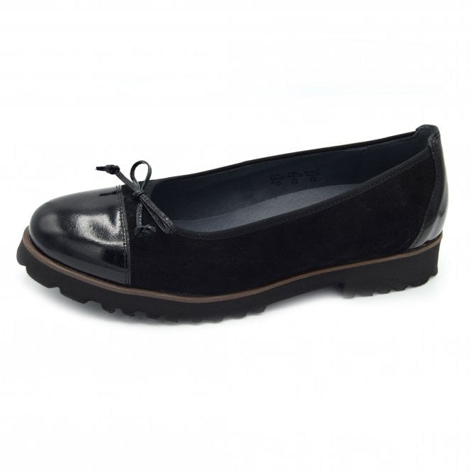 Waldlaufer 772517 H-Elisa Wide Fit Black Suede Slip On Dolly Shoes With Patent Toe Cap & Bow Detail