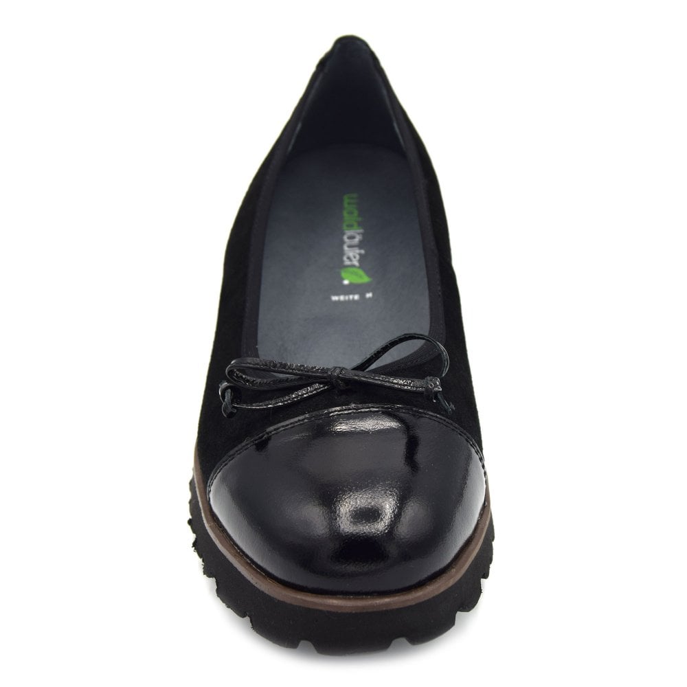 Waldlaufer 772517 H-Elisa Wide Fit Black Suede Slip On Dolly Shoes With Patent Toe Cap & Bow Detail