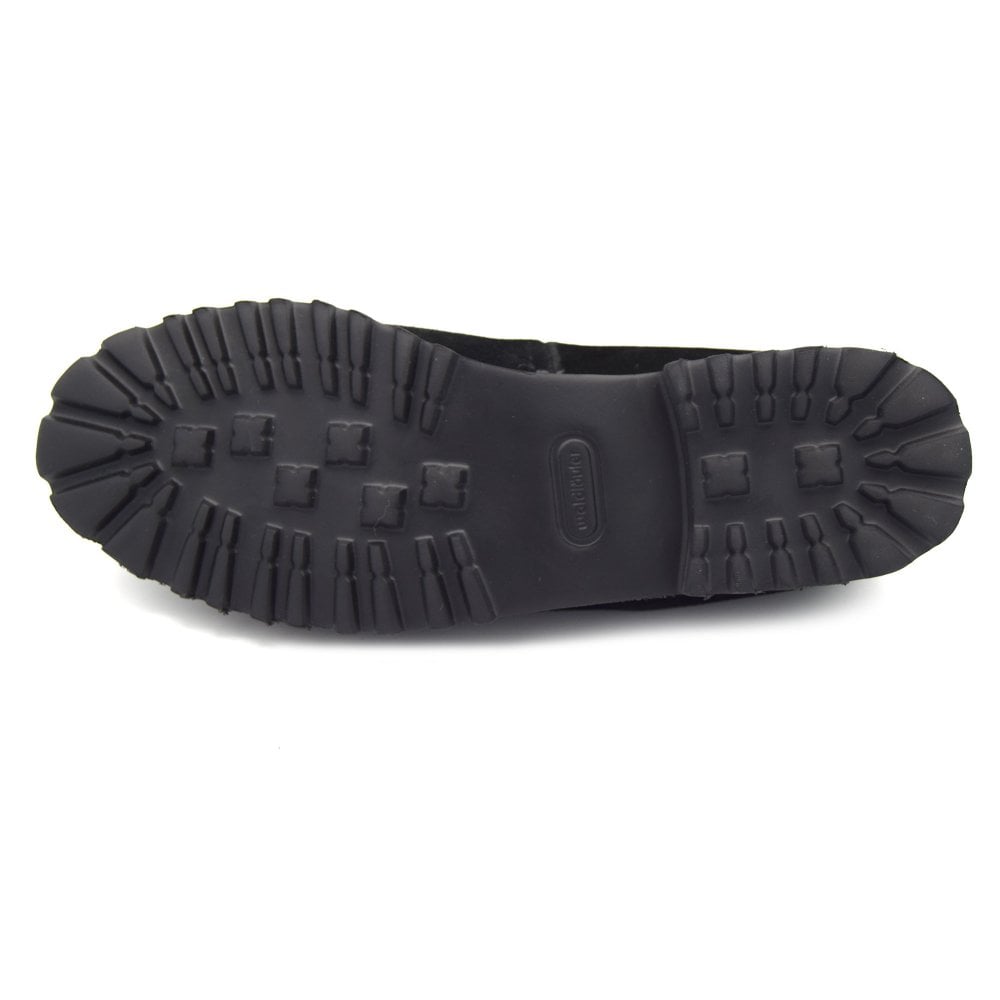 Waldlaufer 772517 H-Elisa Wide Fit Black Suede Slip On Dolly Shoes With Patent Toe Cap & Bow Detail