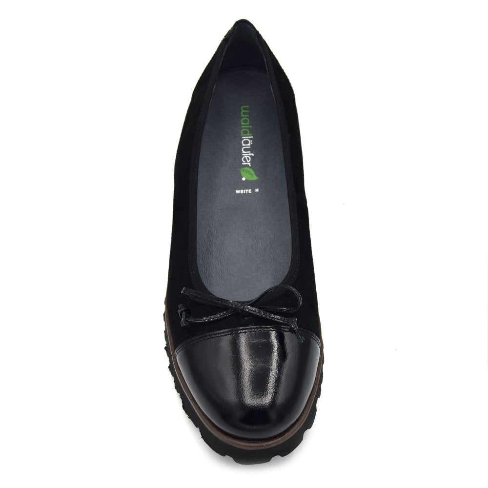 Waldlaufer 772517 H-Elisa Wide Fit Black Suede Slip On Dolly Shoes With Patent Toe Cap & Bow Detail