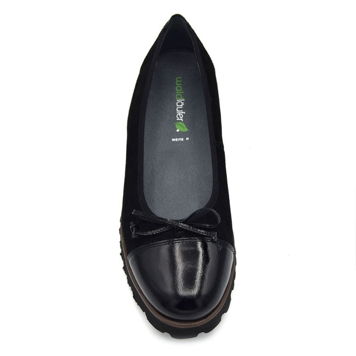 Waldlaufer 772517 H-Elisa Wide Fit Black Suede Slip On Dolly Shoes With Patent Toe Cap & Bow Detail
