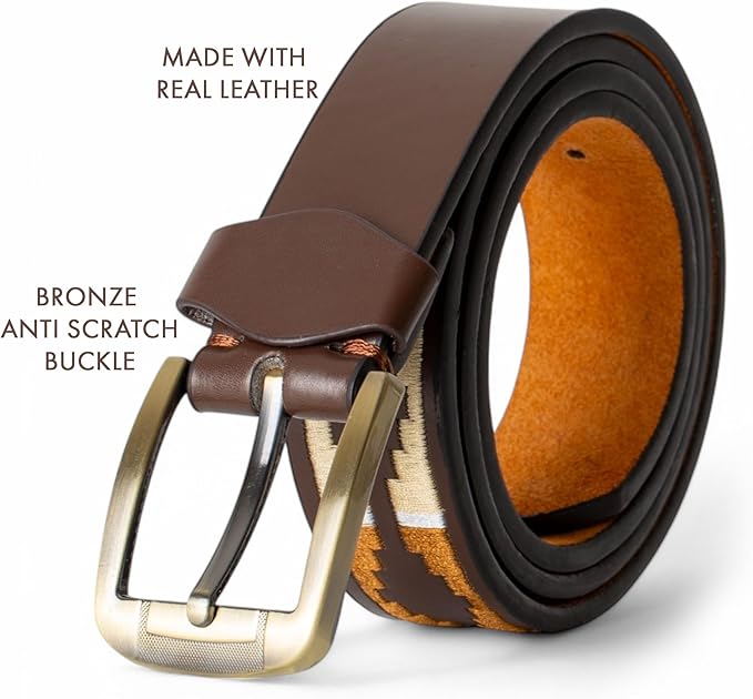 Forest Mens Embroidered Leather Belt Brown Tan Green Beige Combination