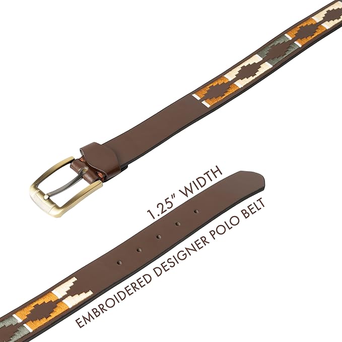 Forest Mens Embroidered Leather Belt Brown Tan Green Beige Combination