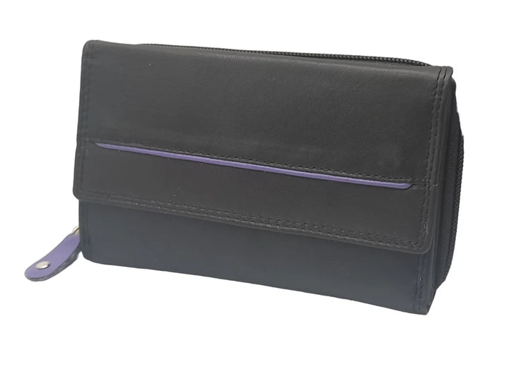 Euroborse Ladies RFID Black Leather Bi-Fold Purse With Purple Trim Zip Fasten ANTI THEFT  Coin Card Holder